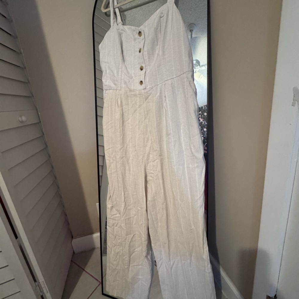 Old Navy Cream Striped Wide-Leg Jumpsuit with Button Front - Picture 2 of 4